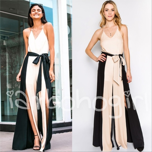 Pants - Belted Split Pant ColorBlock Jumpsuit